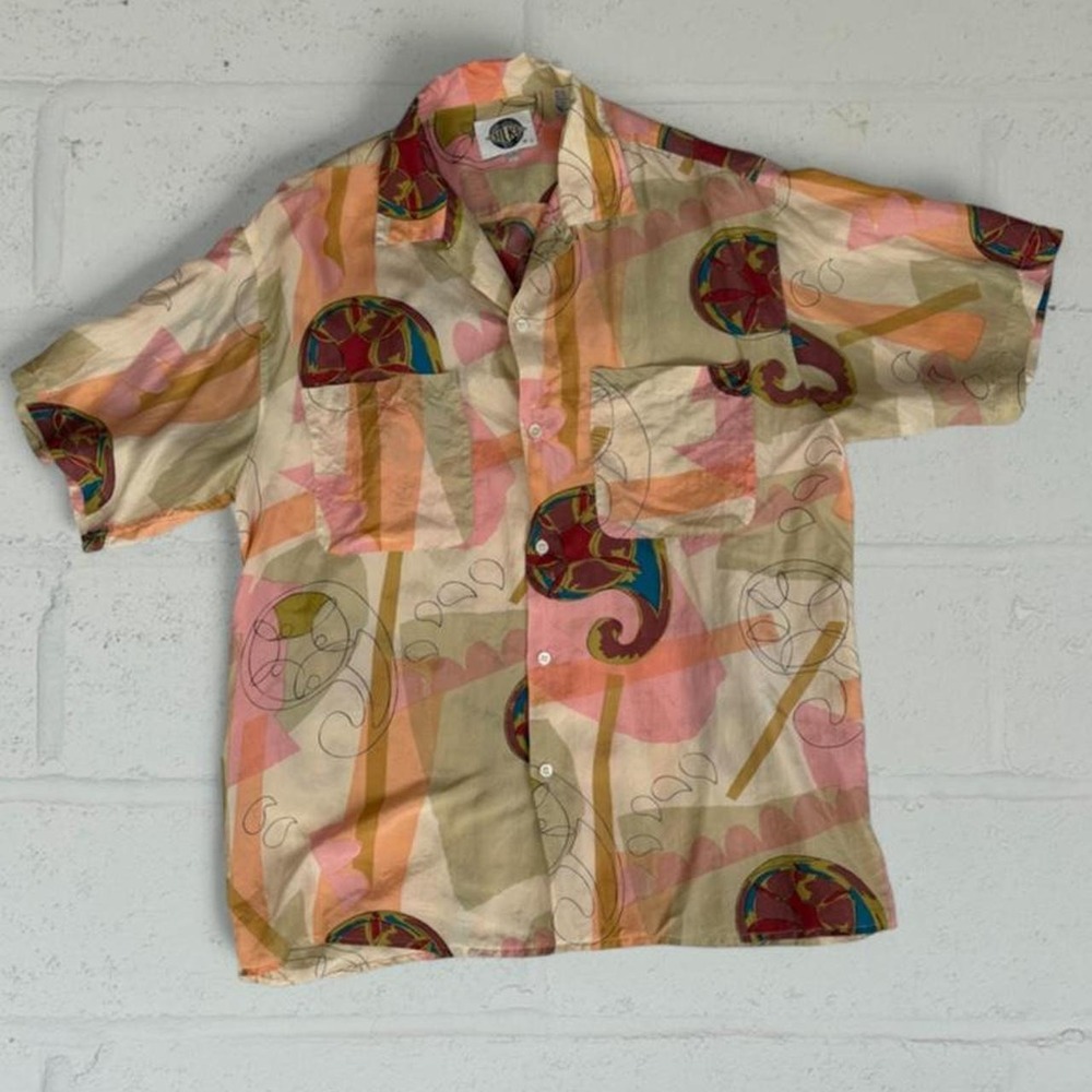 Vintage 90s Silks Abstract Art‎ Paisley Silk Button Up Shirt Pink Tan Mens Large